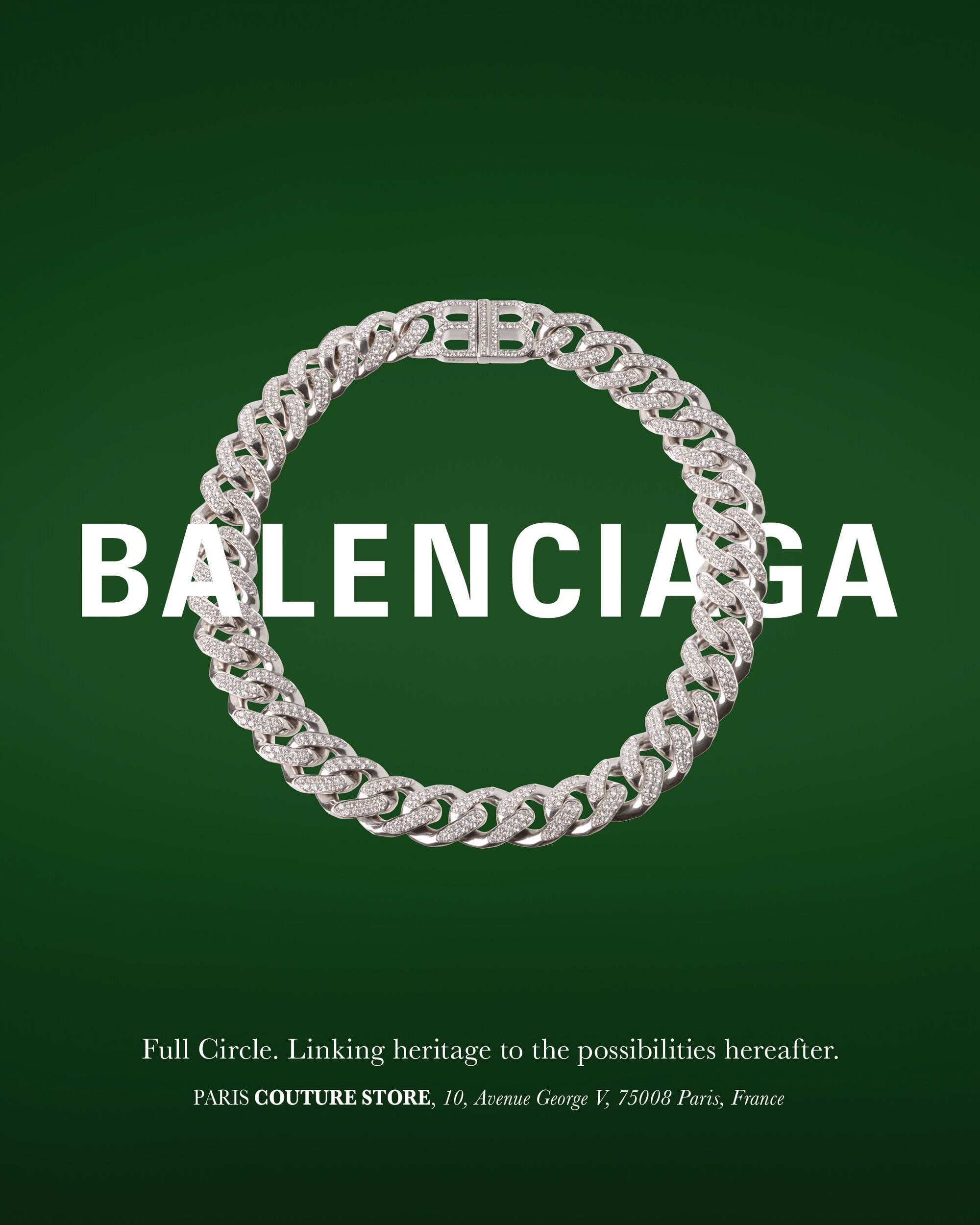 Diamond chain necklace centered on a deep green background with bold white typography reading Balenciaga