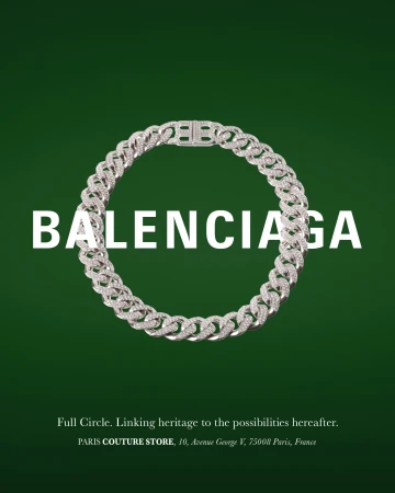 Diamond chain necklace centered on a deep green background with bold white typography reading Balenciaga