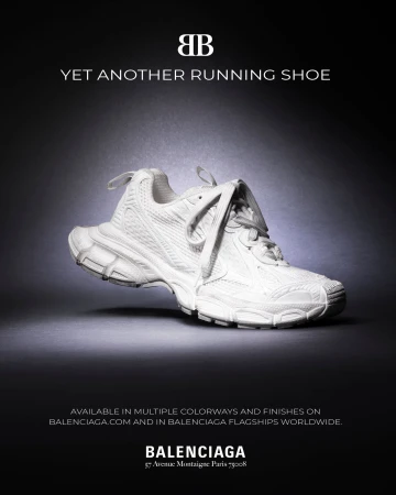 White sneaker floating against a dark gradient studio background with typography above and below for Balenciaga.
