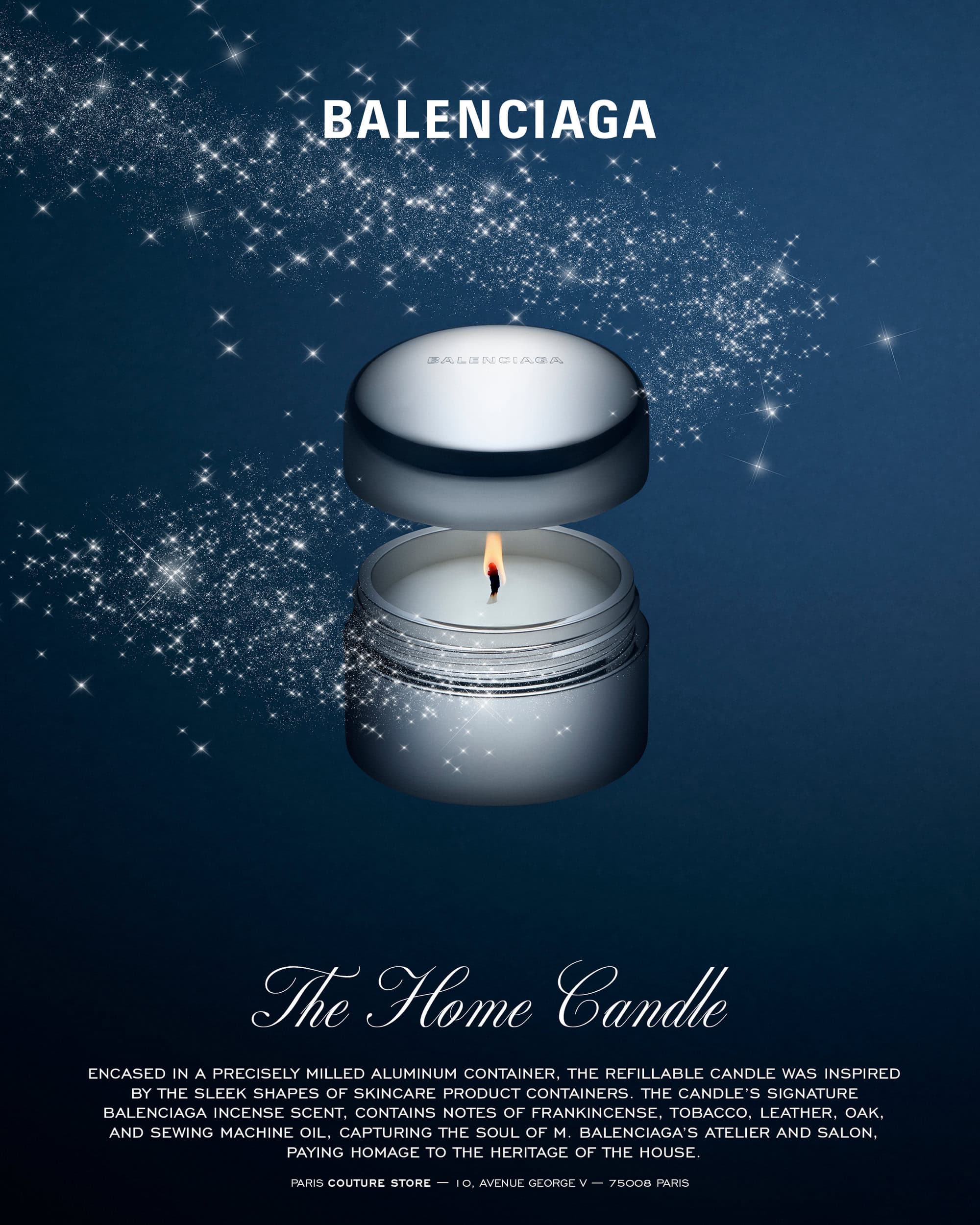 Balenciaga luxury scented candle in a silver aluminum container with floating lid and sparkling star trails