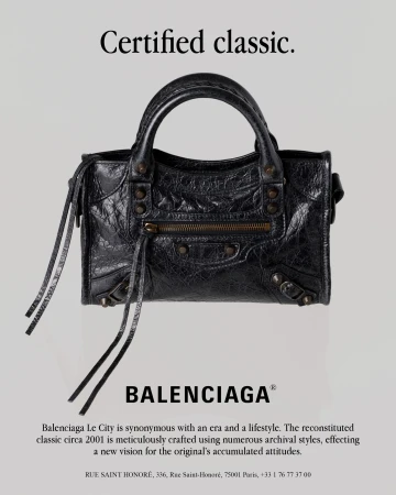 Black leather Balenciaga Le City handbag centered against a minimalist grey background with typography above and below