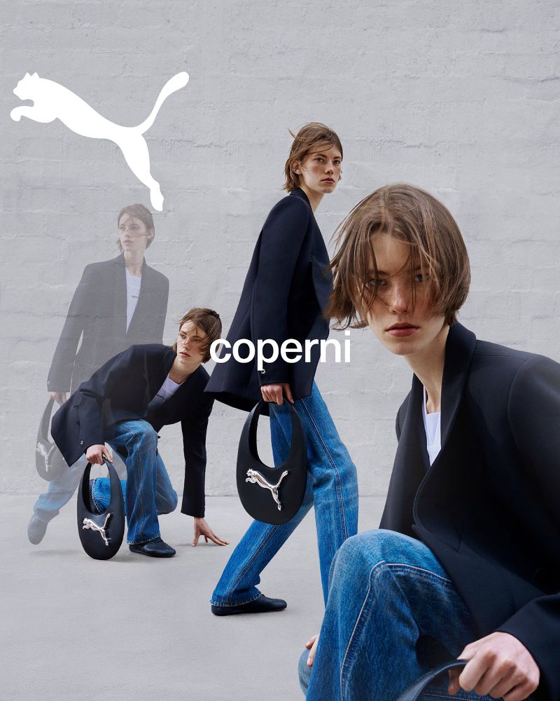 Multiple transparent exposures of a female model wearing a black blazer and blue jeans holding a curved handbag.