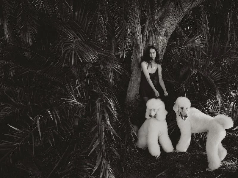 Black and white photograph of a woman standing with two white standard poodles near a tree surrounded by dense tropical foliage.