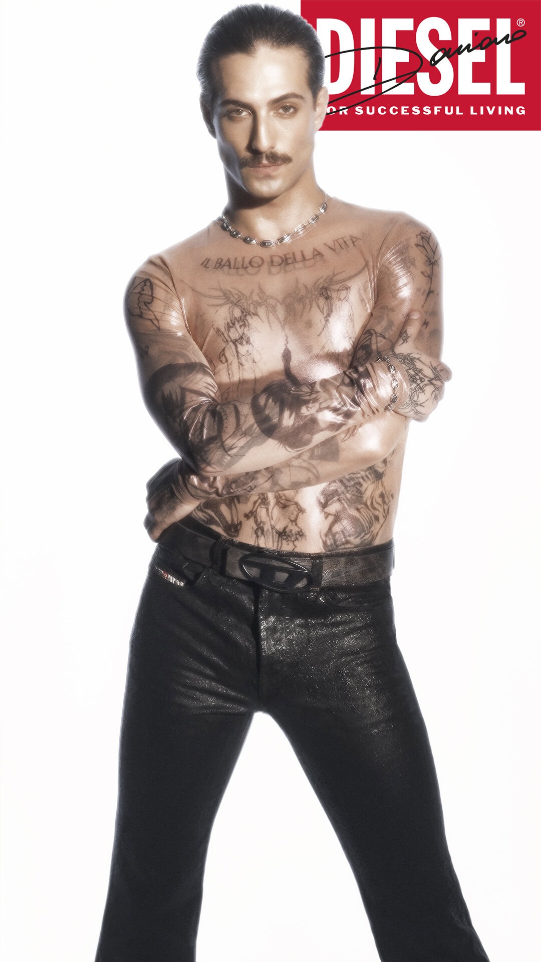Damiano David in Diesel fall 2024 ad campaign wearing black jeans against a white seamless background