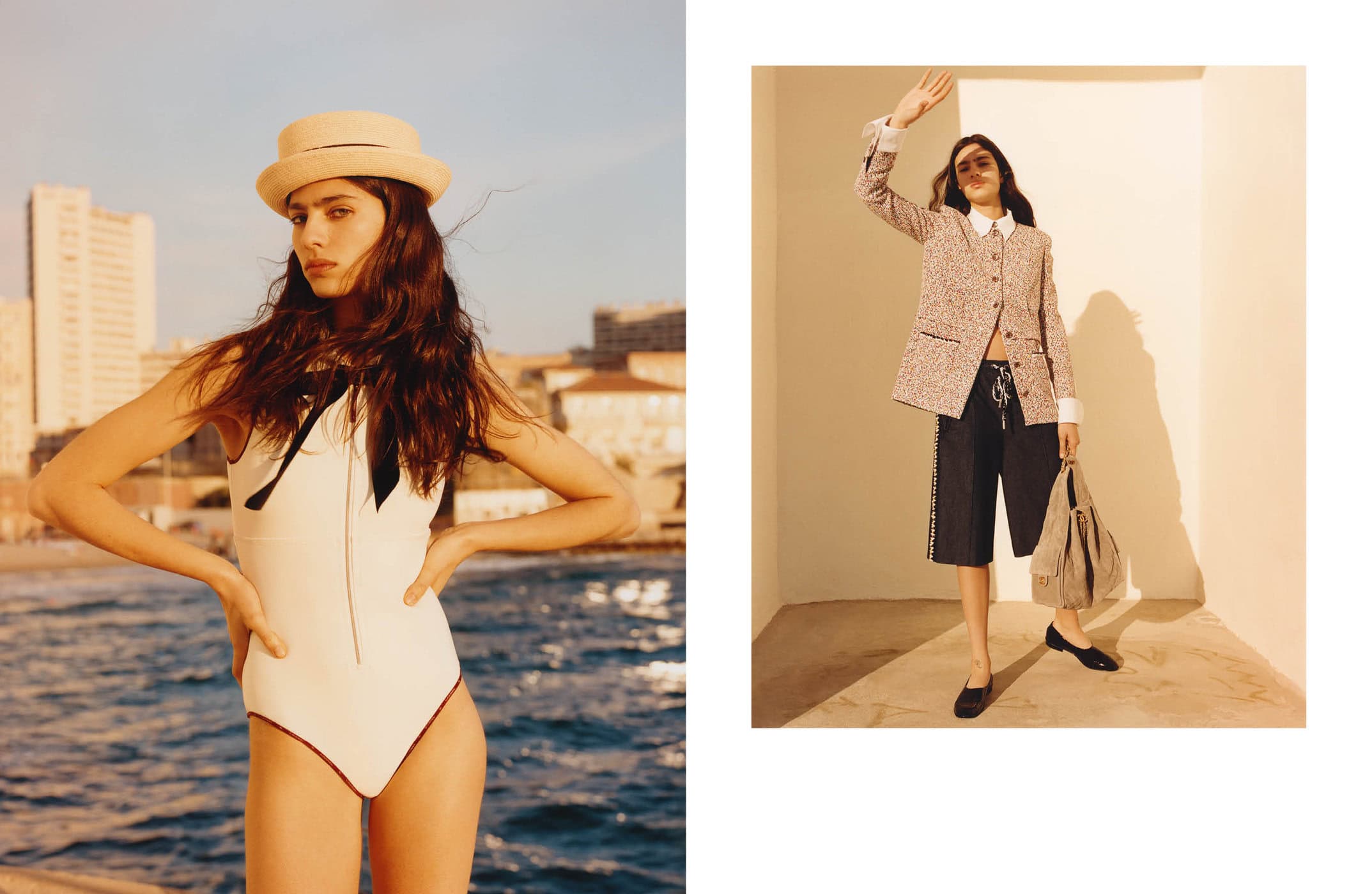 Model Loli Bahia wearing a white swimsuit by the water for Chanel Cruise 2025 ad campaign in Marseille