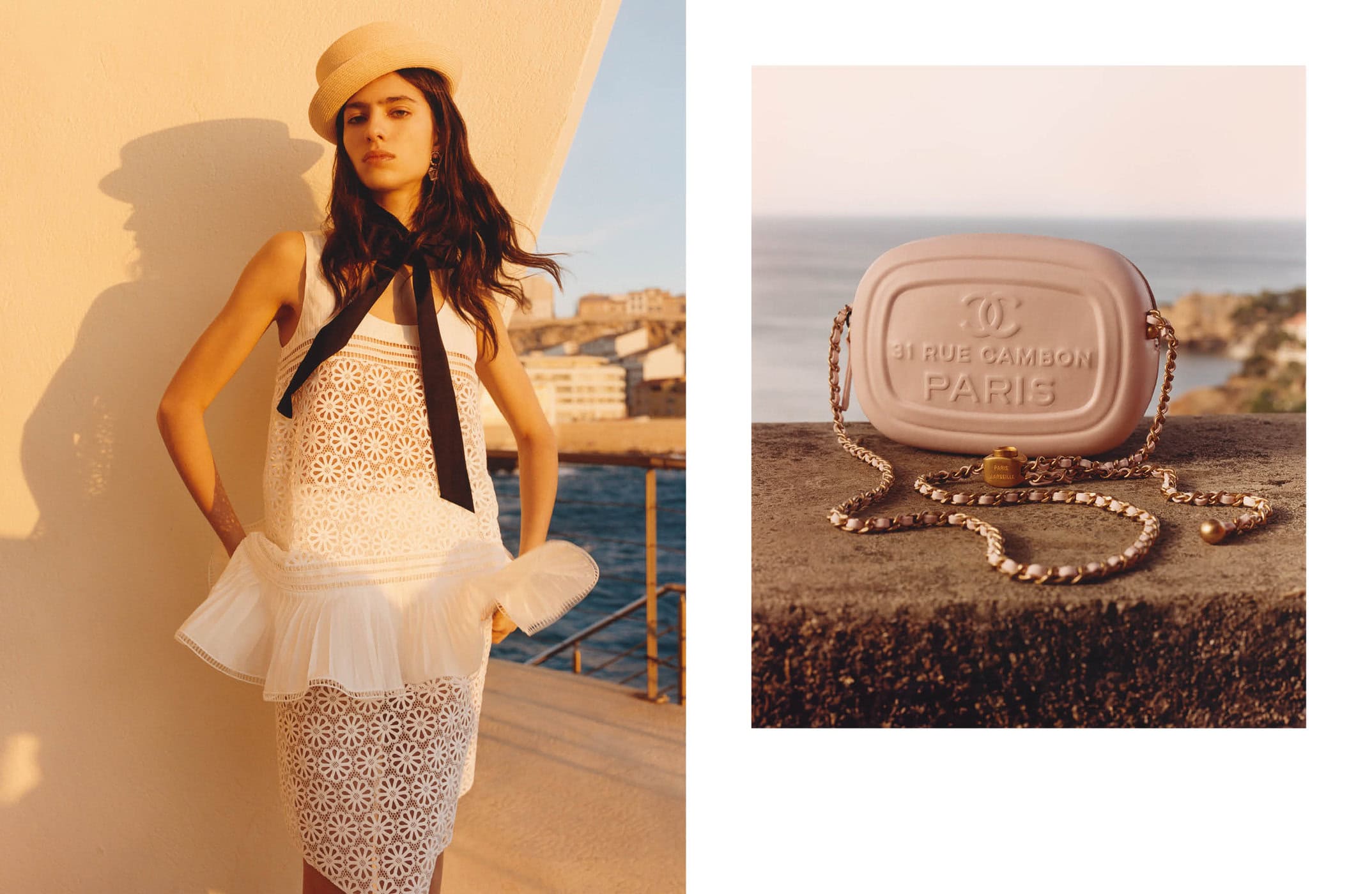 Model wearing a white lace dress and straw hat outdoors next to a pink Chanel handbag on a stone ledge