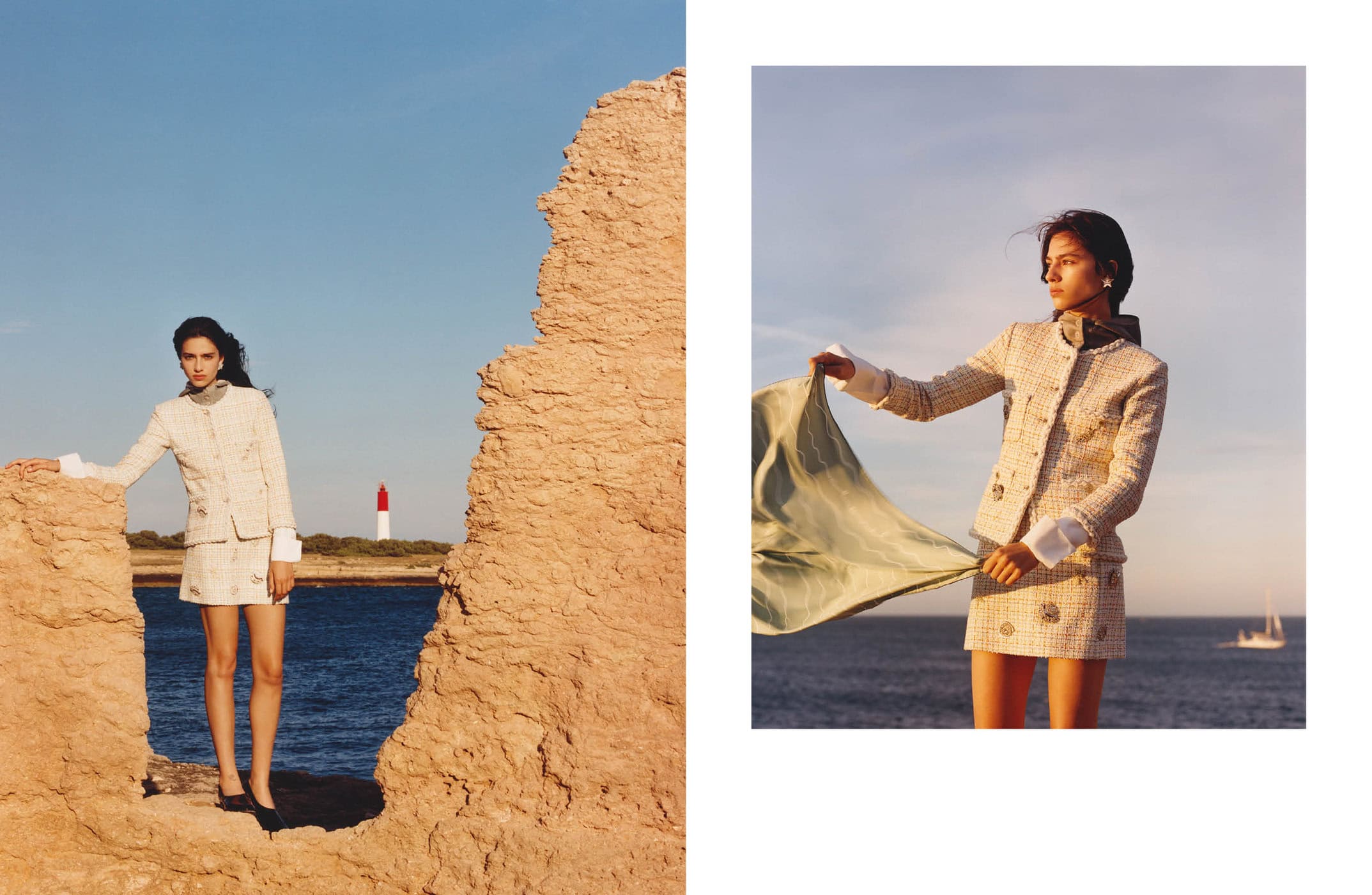 Model Loli Bahia wearing a tweed jacket and skirt by the coast in Marseille for Chanel Cruise 2025 campaign.