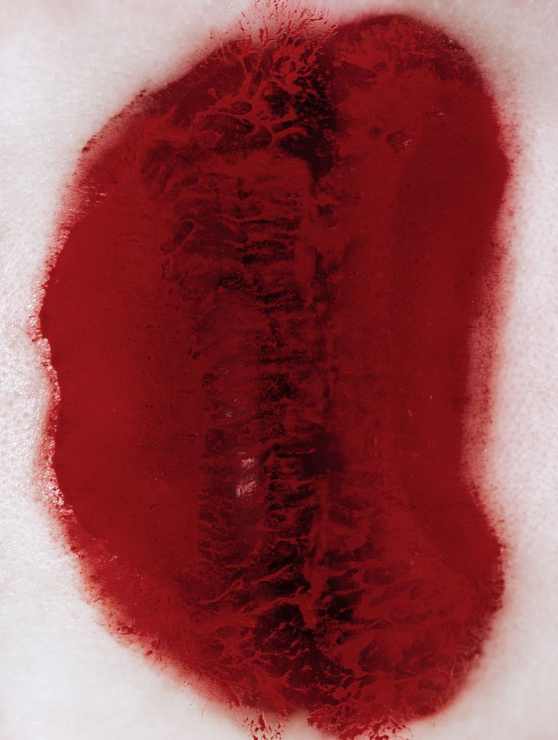 Abstract close-up of red liquid, resembling blood, creating an organic, flowing pattern against a textured white background.