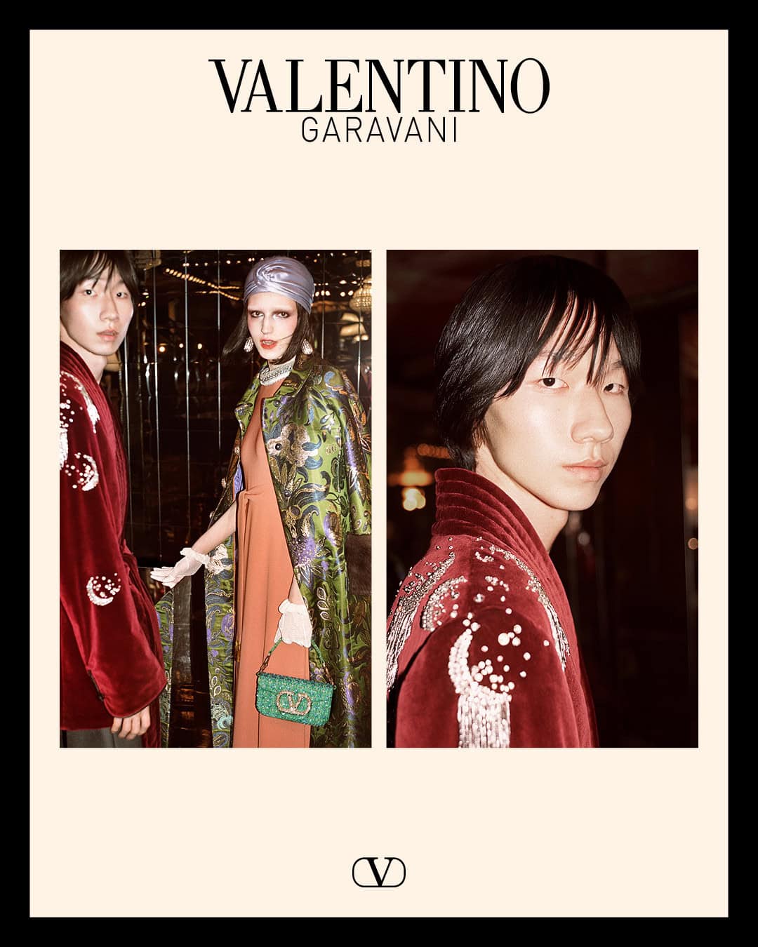 Valentino Garavani holiday campaign featuring models in patterned coats and embellished velvet apparel against ivory backdrop