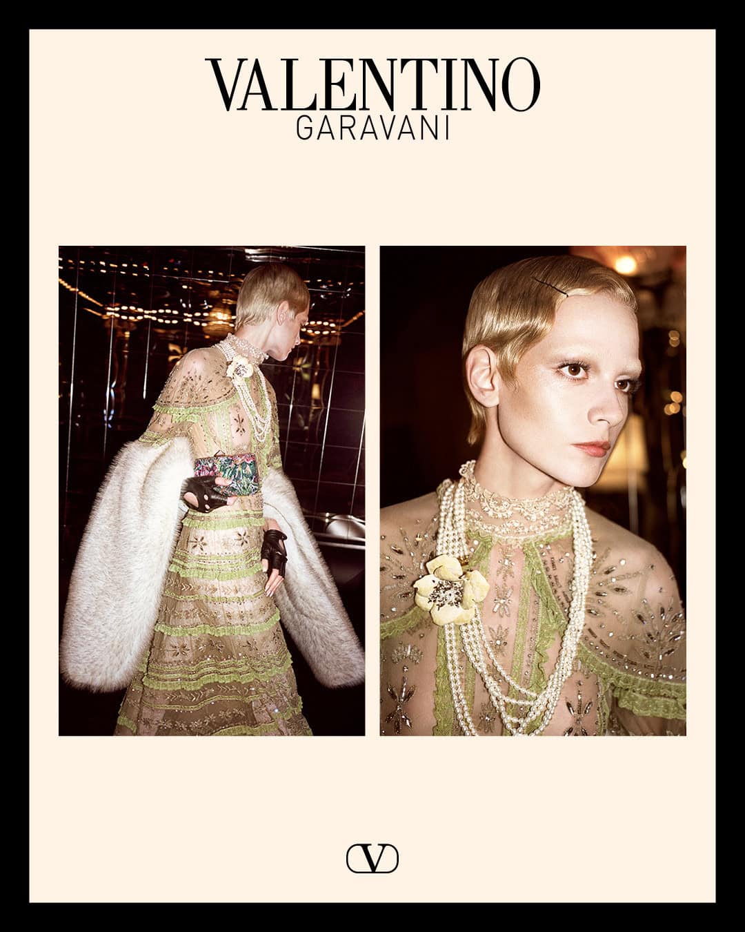 Valentino ad campaign diptych showing a model in a beaded gown with pearls and a white fur stole against an interior background