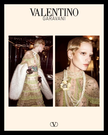 Valentino ad campaign diptych showing a model in a beaded gown with pearls and a white fur stole against an interior background