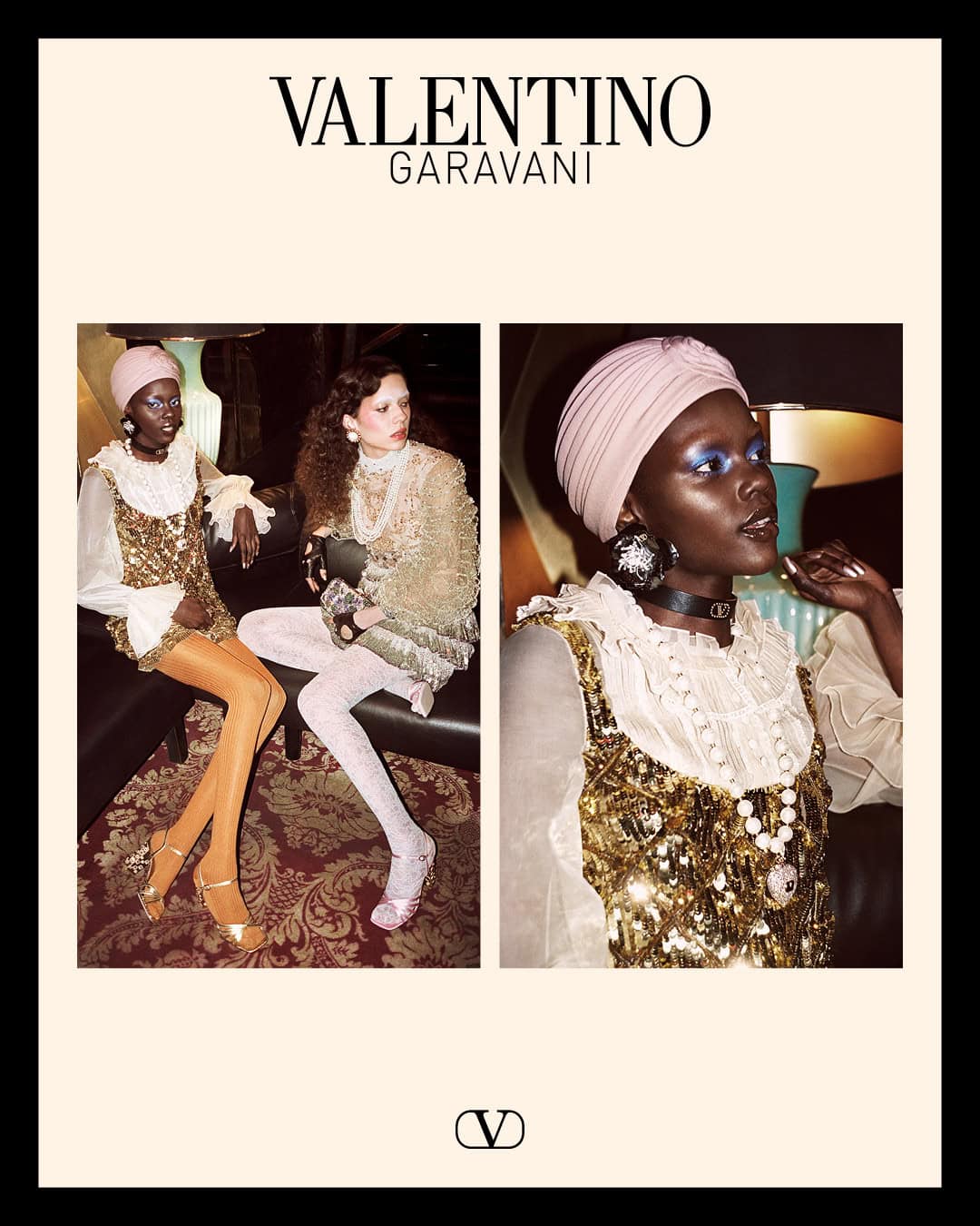 Valentino Garavani advertising campaign featuring models in sequined dresses and turbans captured in warm indoor lighting