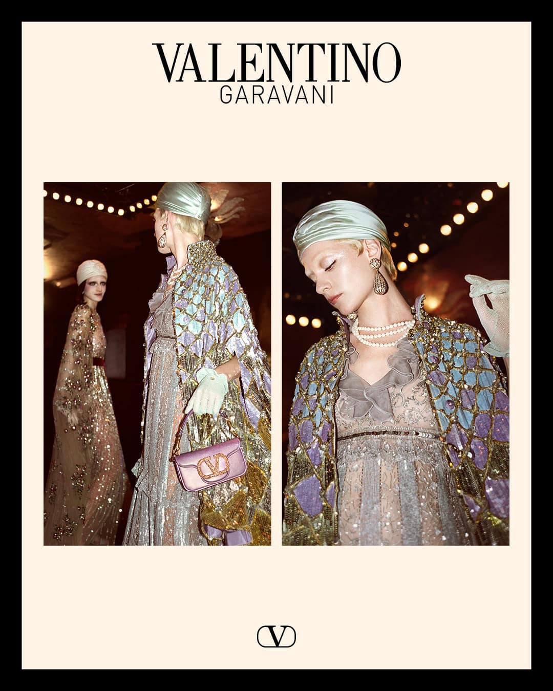 Valentino ad campaign diptych showing models in ornate embellished gowns and headwear holding a handbag.