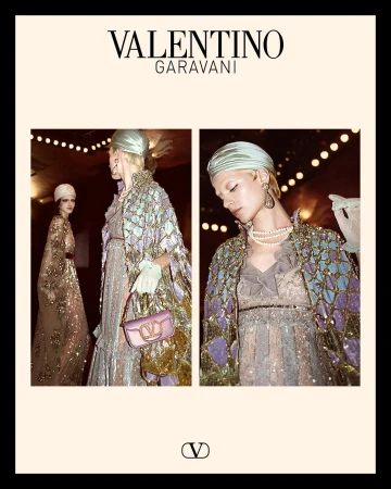 Valentino ad campaign diptych showing models in ornate embellished gowns and headwear holding a handbag.