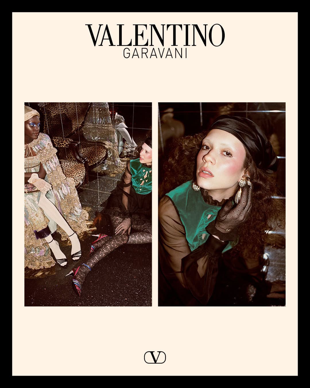 Valentino Garavani holiday campaign image featuring three panels displaying models in ornate gowns and accessories against a dark set.