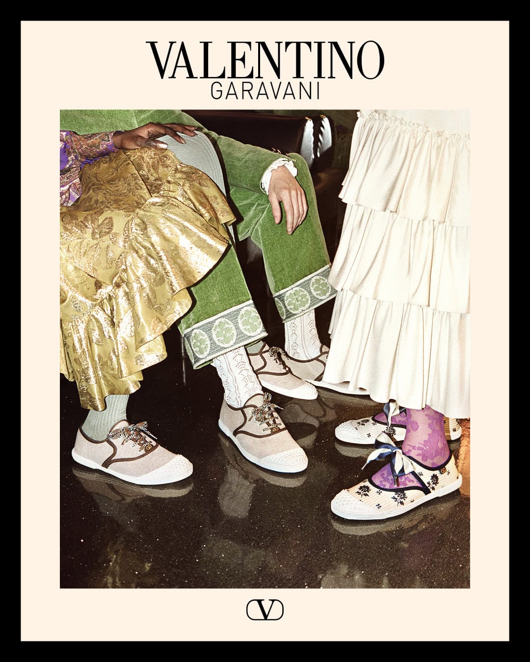 Close-up of models wearing luxury designer footwear and patterned garments in Valentino Holiday 2024 campaign