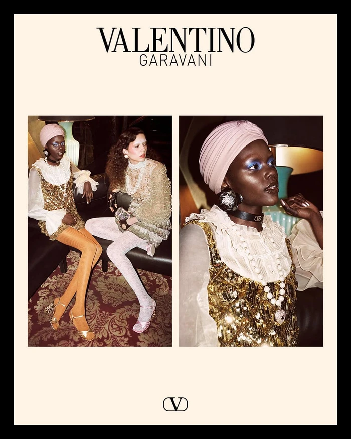 Valentino Garavani advertising campaign featuring models in sequined dresses and turbans captured in warm indoor lighting