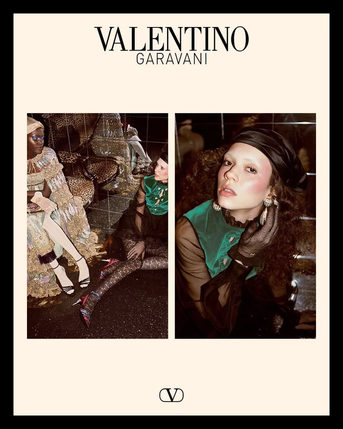 Valentino Garavani holiday campaign image featuring three panels displaying models in ornate gowns and accessories against a dark set.