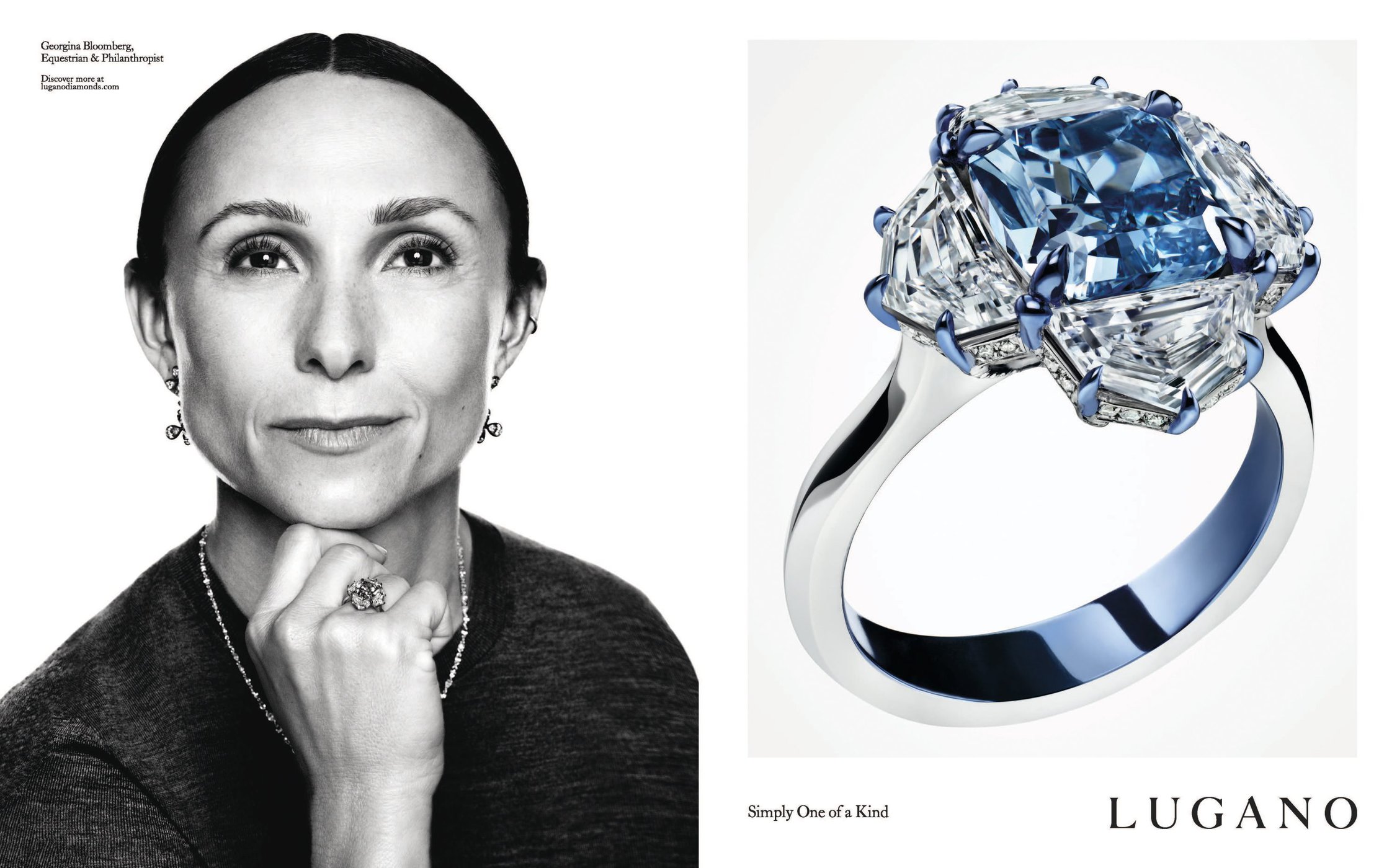 Black and white portrait of Georgina Bloomberg next to a detailed shot of a large blue diamond ring for Lugano