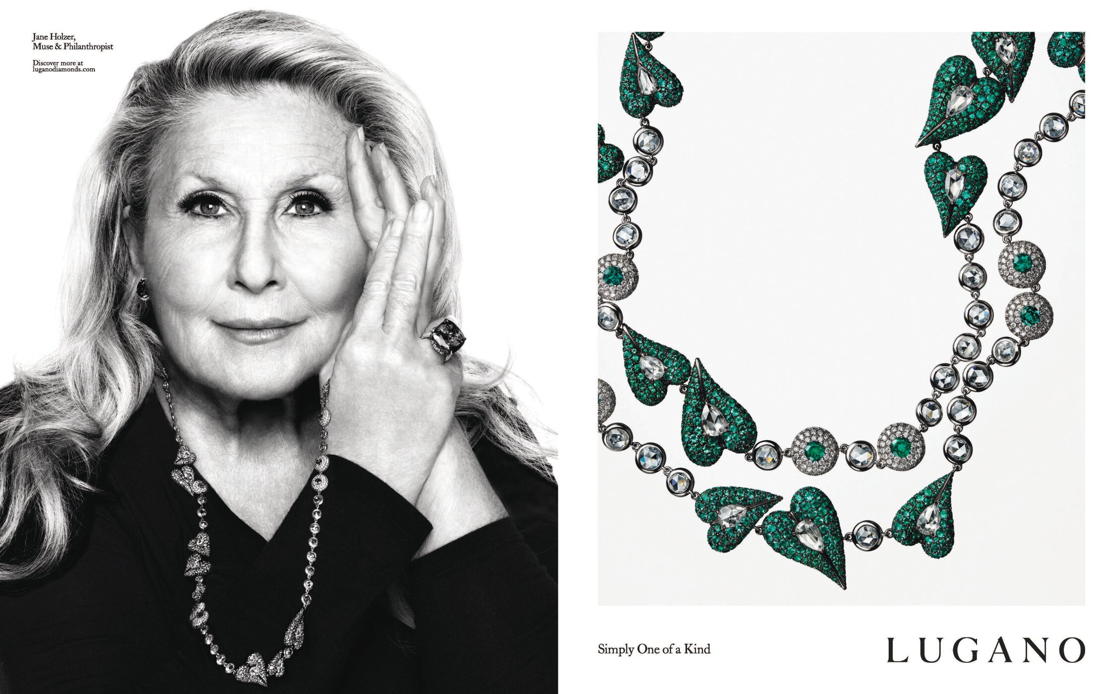 Black and white portrait of Jane Holzer wearing fine jewellery paired with a detailed view of an emerald necklace.