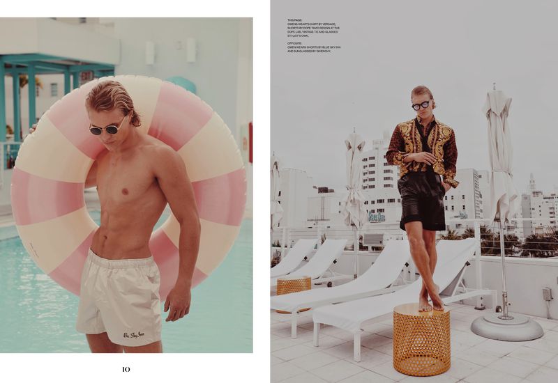 Two images show a fit man in swim trunks and a man in a patterned shirt and shorts, posing by a pool and on a rooftop.