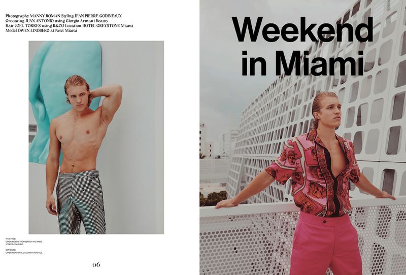 Male fashion editorial: shirtless model with wet blond hair poses by aqua art, and model in pink outfit poses outdoors Miami.