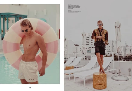 Model Owen Lindberg wearing patterned shirt and shorts beside a rooftop pool for The Rakish Gent editorial