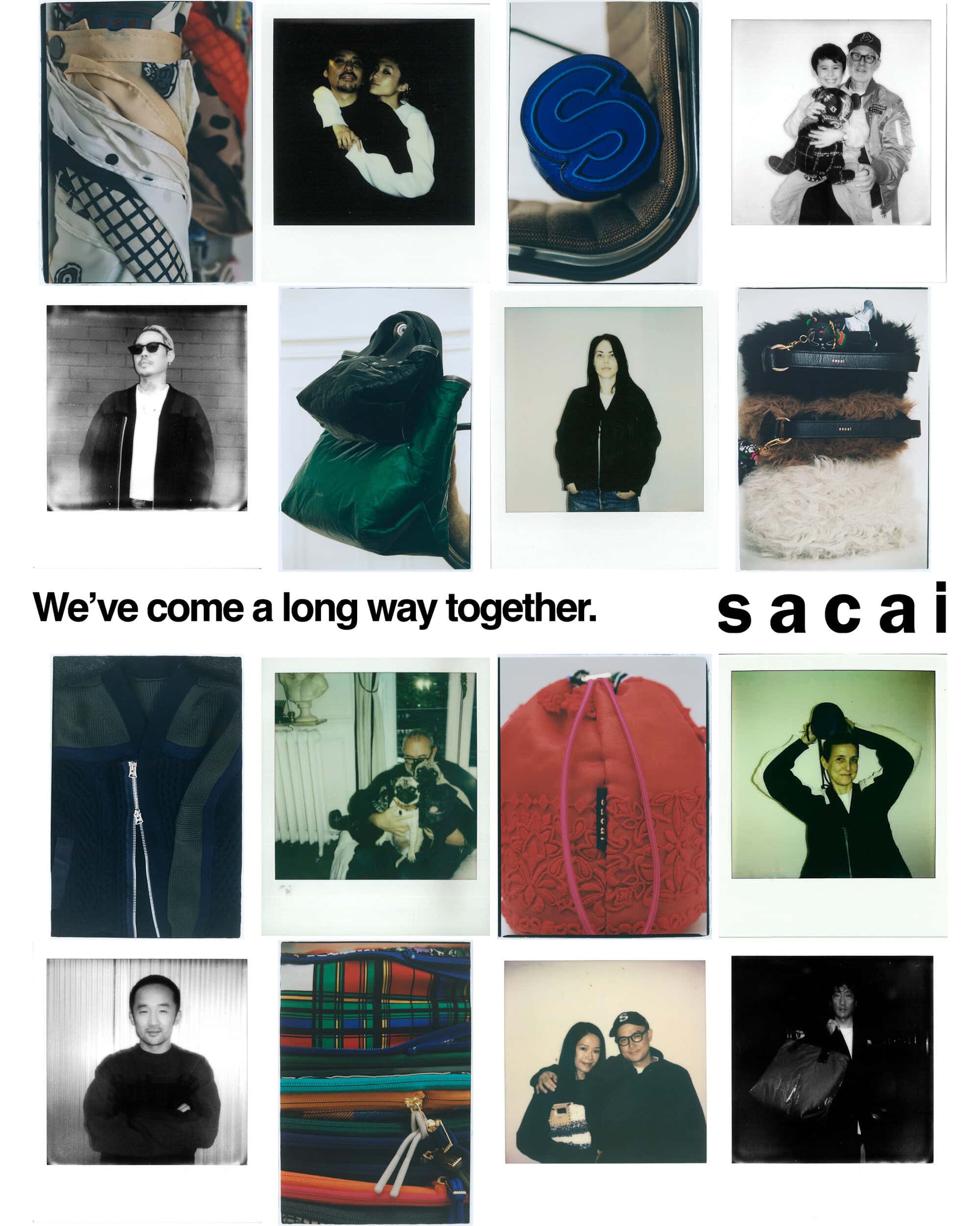 Collage of multiple polaroid-style fashion photographs and fabric details for Sacai Holiday 2024 ad campaign