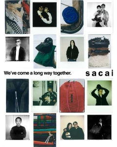 Collage of multiple polaroid-style fashion photographs and fabric details for Sacai Holiday 2024 ad campaign