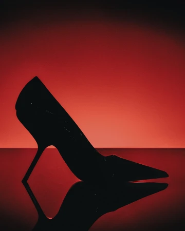 Silhouette of a high-heeled stiletto shoe reflected on a smooth glossy surface against a vibrant red backdrop.