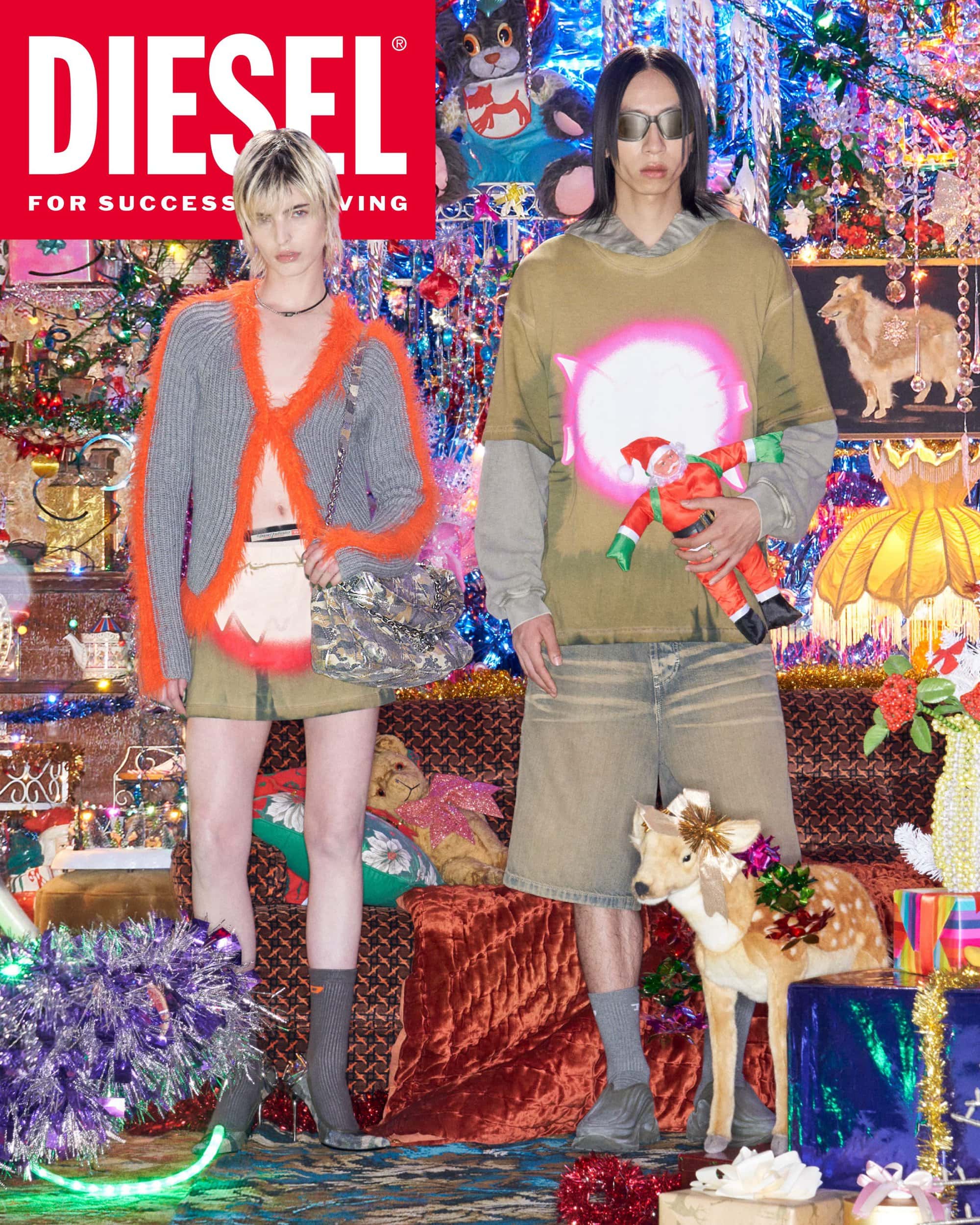 Two models standing in a brightly lit, intensely decorated room for Diesel Holiday 2024 campaign