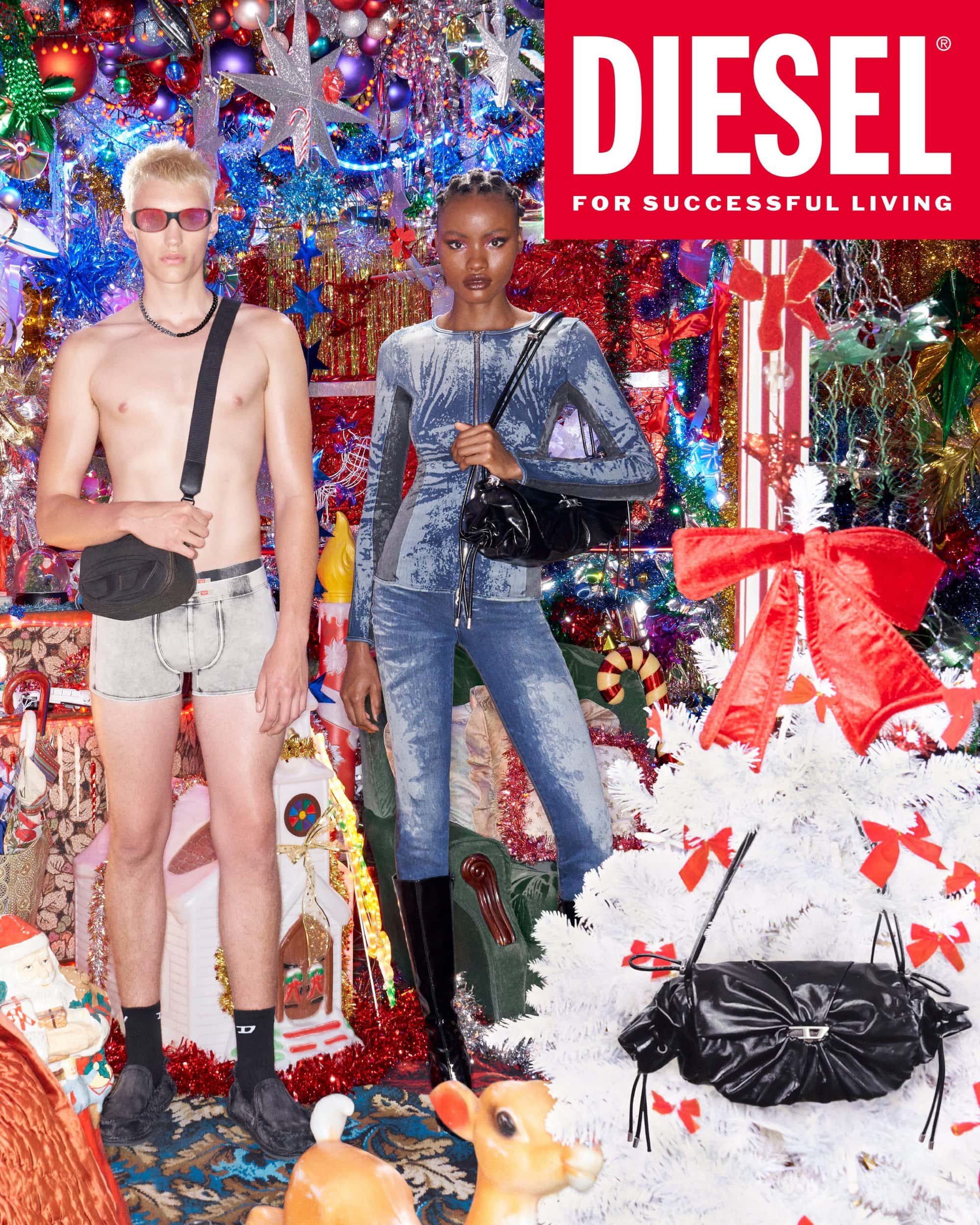 Two models posing in front of a heavily decorated holiday backdrop with a Diesel logo banner at the top right.