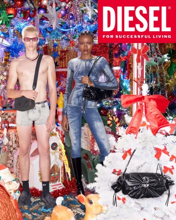 Two models posing in front of a heavily decorated holiday backdrop with a Diesel logo banner at the top right.