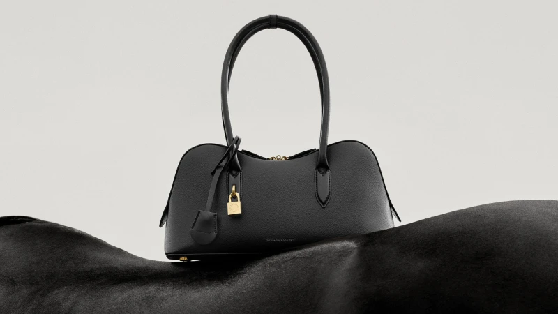 Black leather handbag with gold padlock resting on a black horse against a minimalist off-white seamless background.