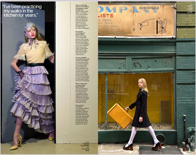 Editorial fashion shot: woman in ruffled skirt poses in doorway, another woman walks on sidewalk in long coat with suitcase.