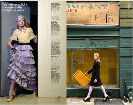Editorial fashion shot: woman in ruffled skirt poses in doorway, another woman walks on sidewalk in long coat with suitcase.
