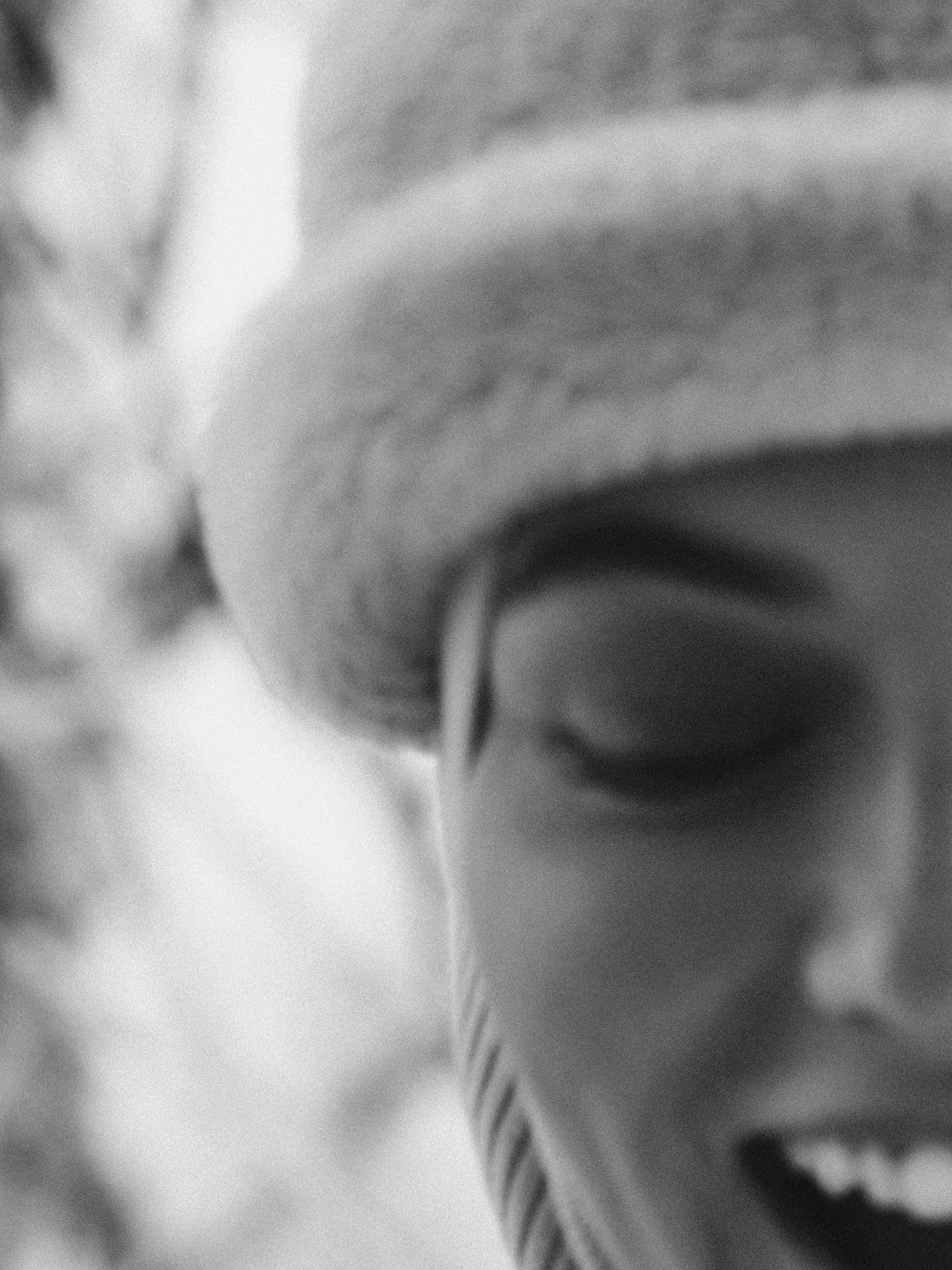 Close-up monochrome portrait of a smiling woman wearing a fuzzy winter hat for Loro Piana