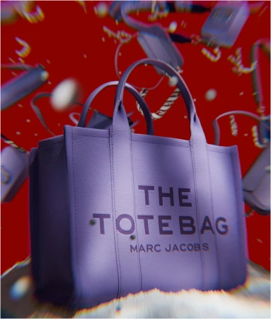 A purple leather tote bag featuring The Tote Bag text against a rich red background with floating accessories and snowy foreground.