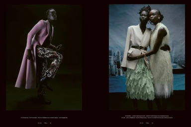 Two-panel fashion spread for Tidal Magazine featuring models in stylish apparel against dark and urban studio backdrops.