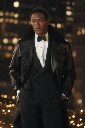 Black man wearing a black leather coat, tuxedo suit, and bow tie against a blurred night city background with bokeh lights.