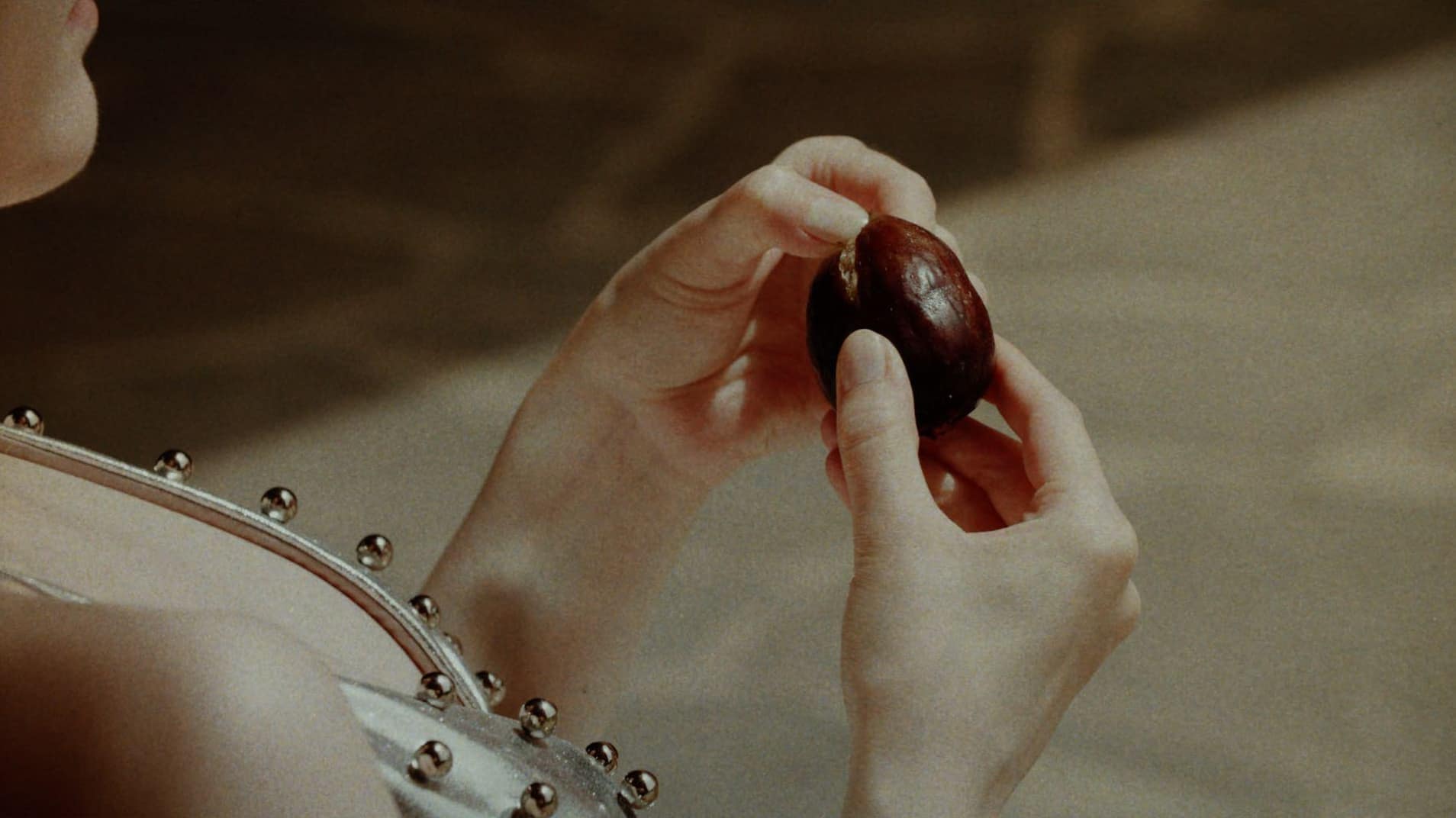 Close-up of hands holding a dark fruit, wearing a garment adorned with small silver studs against a warm stone surface.