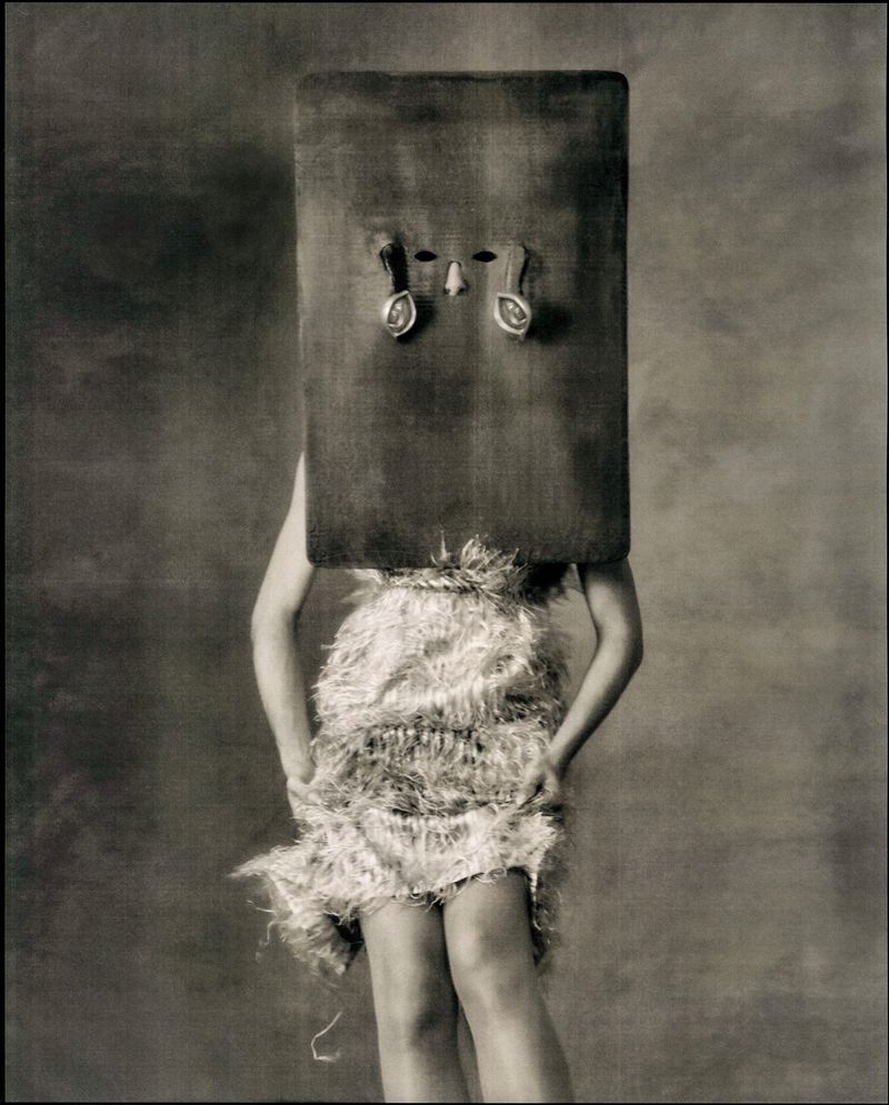 Full-length portrait of a person wearing a box on their head and a feathered dress against a mottled grey background in studio lighting.