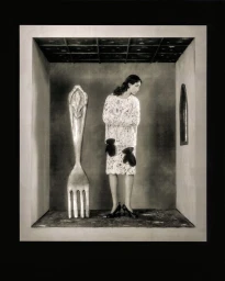 Model standing inside a small room set alongside a giant fork sculpture, wearing lace attire.