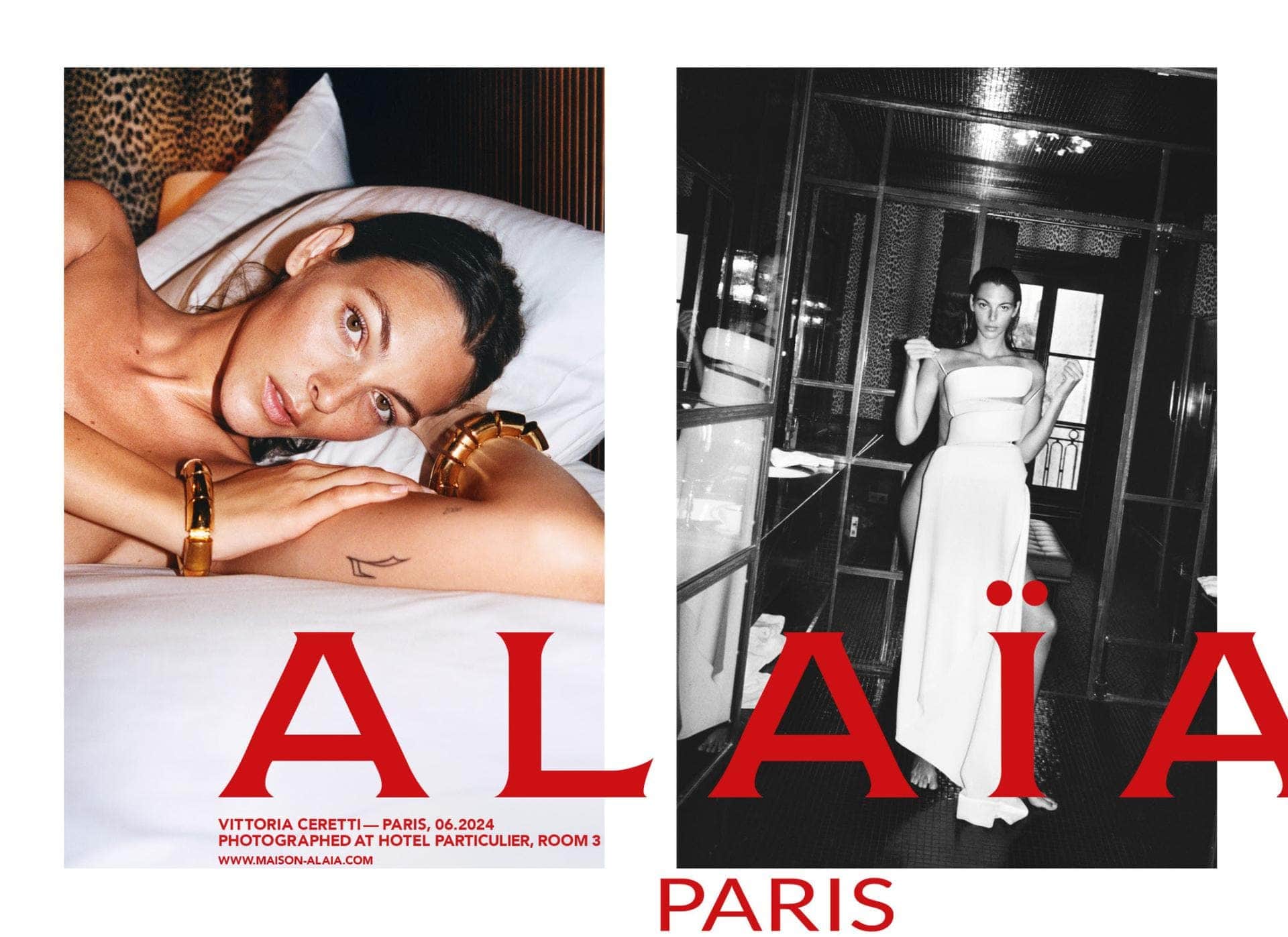 Model Vittoria Ceretti lying on a bed wearing gold bracelets, paired with a black and white portrait featuring bold red Alaia branding