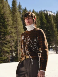 A young male model wearing a brown patterned sweater with white deer embroidery outdoors in the snow.
