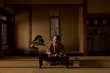 Ken Watanabe sitting cross-legged at a low table inside a traditional Japanese room with a bonsai tree and scroll.
