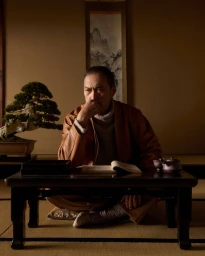 Actor Ken Watanabe sitting cross-legged at a low wooden table indoors, wearing a brown jacket and grey turtleneck sweater.