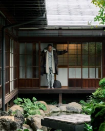 Ken Watanabe standing in a traditional Japanese wooden porch wearing a patterned suit and coat with a dark duffel bag