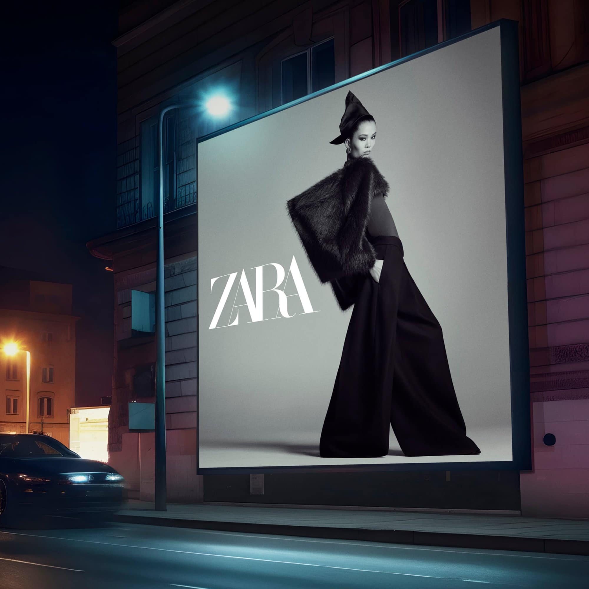 A large illuminated billboard on a city street at night displaying a Zara fashion advertisement featuring a model in black trousers and fur jacket.