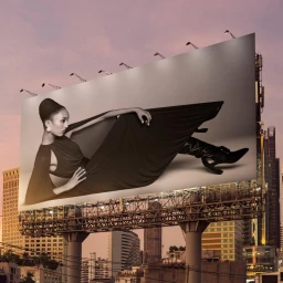 A large urban billboard displaying a black and white fashion advertisement of a model lying down against a sunset cityscape.